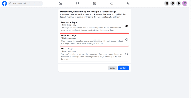 unpulish-facebook-page